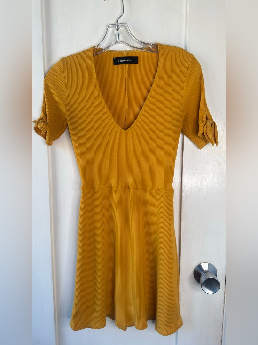 Reformation Yellow Mustard V-Neck Ribbed Mini Dress